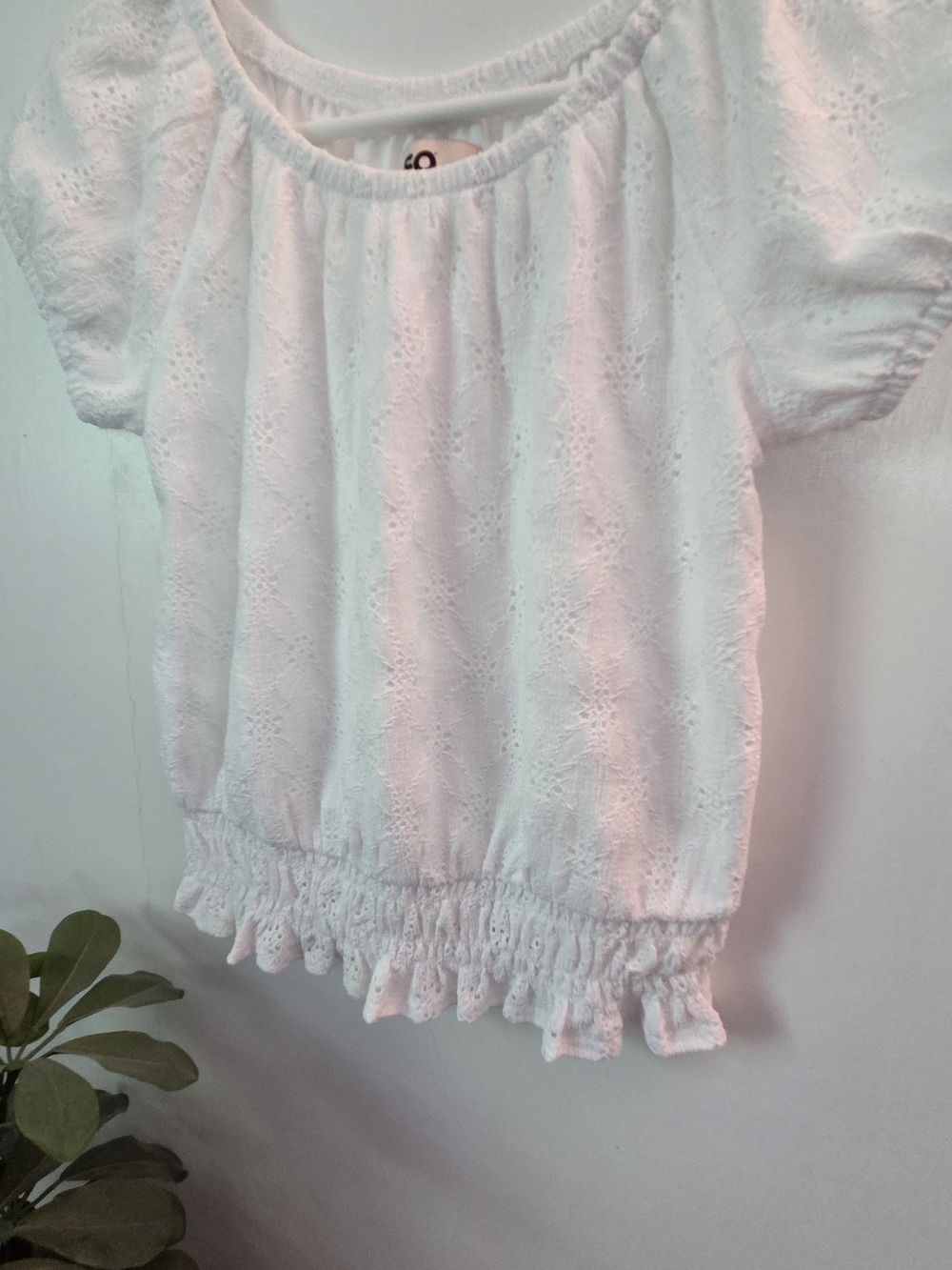 White Eyelet Puff Sleeve Smocked-Hem Blouse